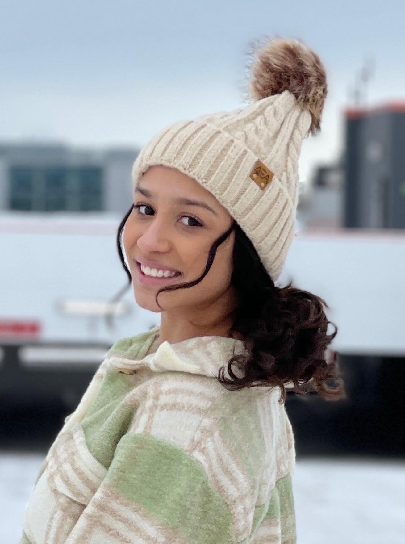 Beanie, Cable Knit Faux Pom