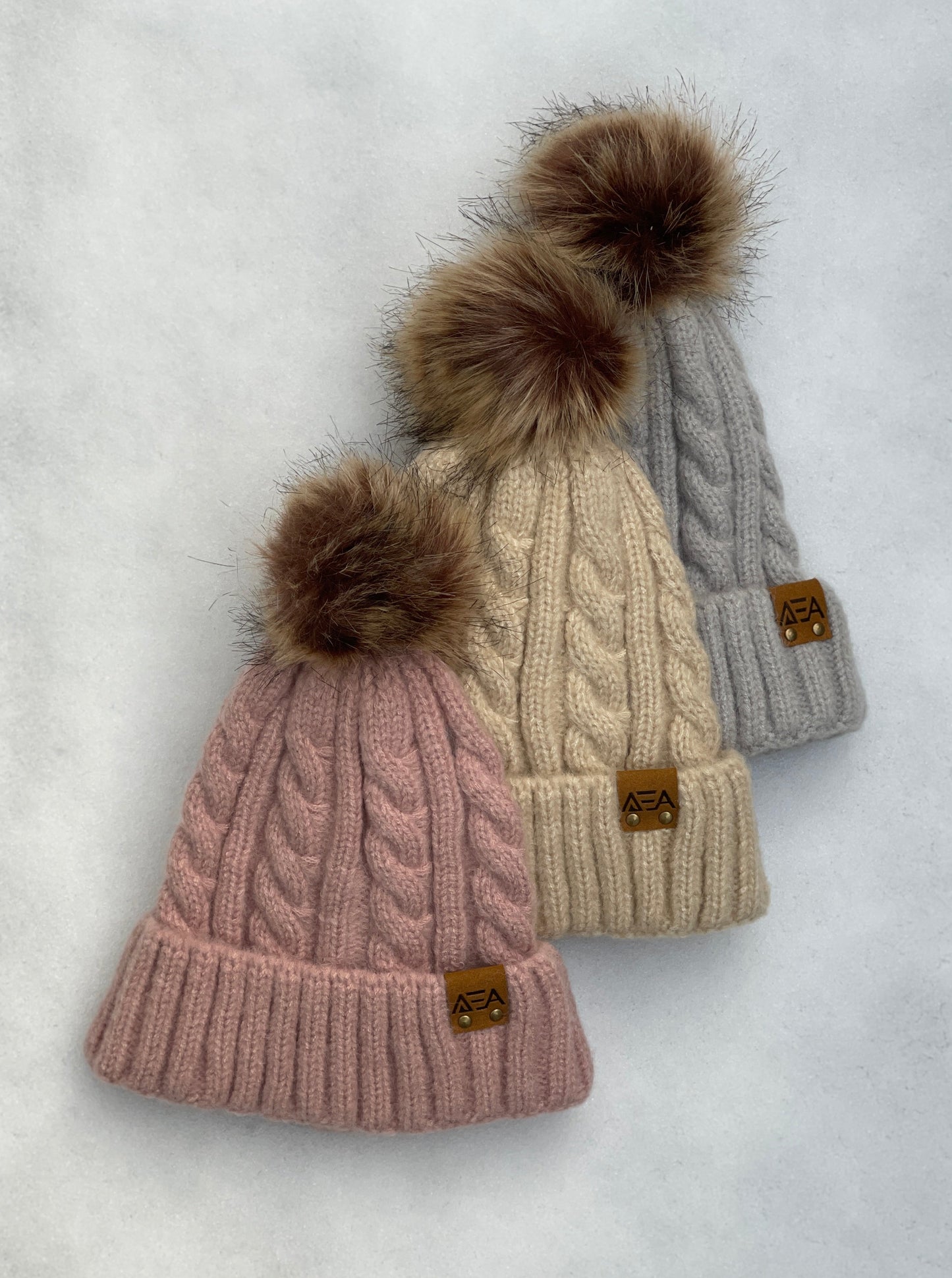 Beanie, Cable Knit Faux Pom