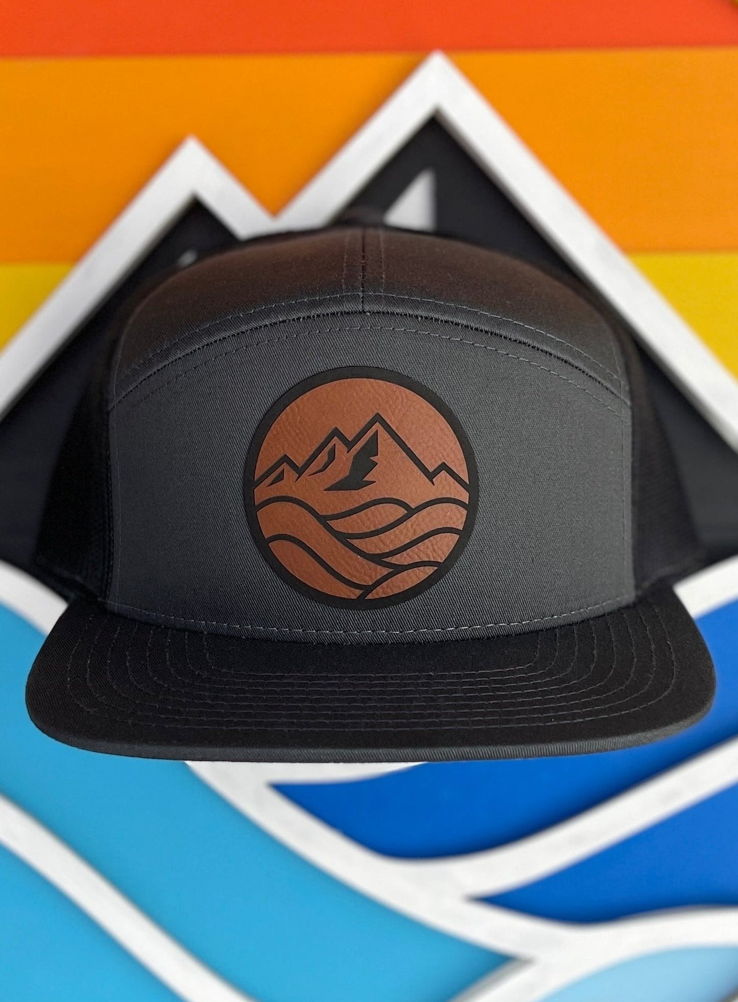 Flat Bill Hat (7 Panel) - Brown Faux Leather Patch